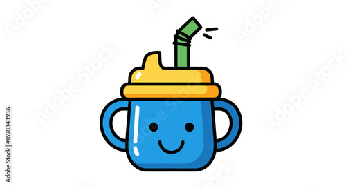 Cute blue sippy cup with yellow lid green straw and happy face.