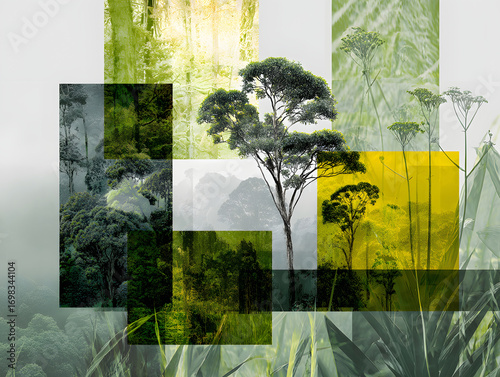 Forest collage wild nature grassy textures earth tones abstract landscape layered trees green foliage environmental art tranquil mood creative composition