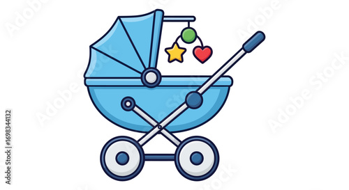 Cartoon Illustration of a Blue Baby Stroller with Toys.