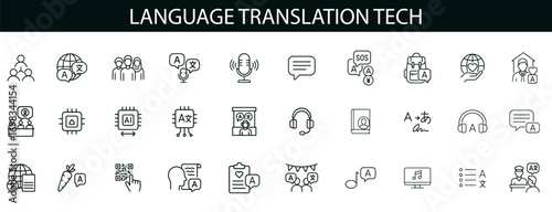 Language Translation Tech Icon Set for Multilingual Communication, AI Tools, and Global UI Design