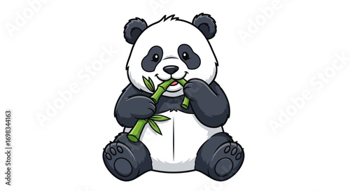 Cute Panda Bear Eating Bamboo Shoot Cartoon Illustration.