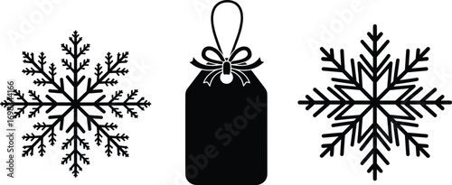 Elegant black snowflakes and festive gift tag icon for winter, Christmas, holiday decorations, and seasonal greeting card designs.