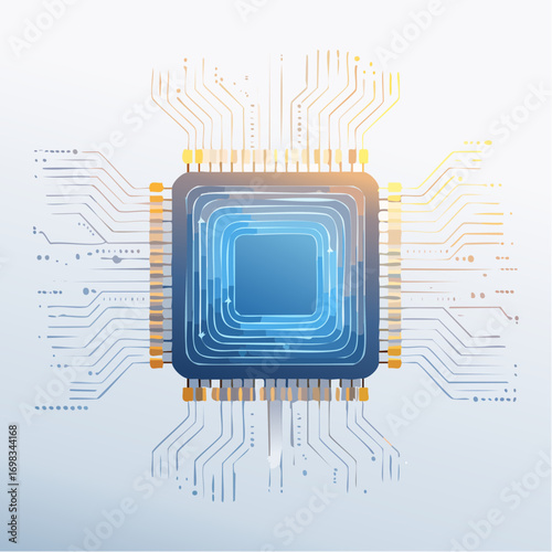 Blue Microchip With Gold Connections On White Background