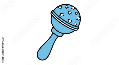 A blue baby rattle with white stars and a handle.