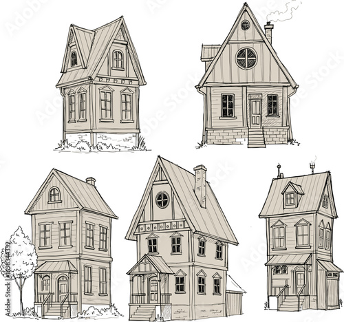 Hand drawn vintage house, sketch building illustration, retro architecture drawing, whimsical fairy tale home art, fantasy cottage exterior clipart