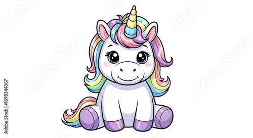 Adorable cartoon unicorn with rainbow mane and tail sitting.