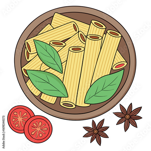 A bowl of rigatoni pasta features fresh basil leaves, tomato slices, and star anise