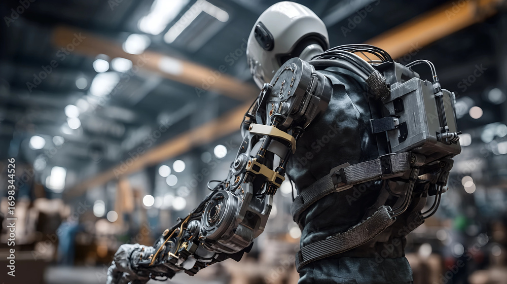 Fototapeta premium Robotic Worker: A powerful, futuristic industrial robot, meticulously crafted for efficiency. Its sophisticated design suggests advanced capabilities and a commitment to technological innovation.