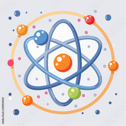 Illustration of an Atom with Colorful Orbiting Electrons on a Light Purple Background