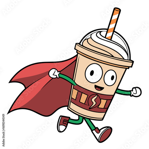 Animated cartoon coffee drink character wears a cape and runs with a transparent background
