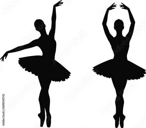 Graceful ballet dancers silhouette performing classic ballet poses, elegant tutu skirts, pointe shoes, artistic dance, graceful movements vector illustration.