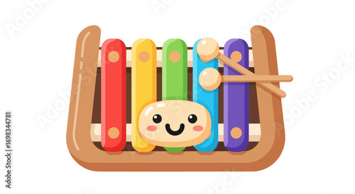 A colorful wooden toy xylophone with a cute smiling kawaii face and mallets.