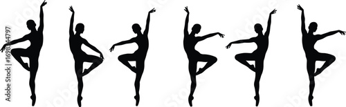 Graceful ballerina silhouettes in elegant poses, vector illustration of ballet dancers expressing art, beauty, movement, balance, poise, and dance performance.