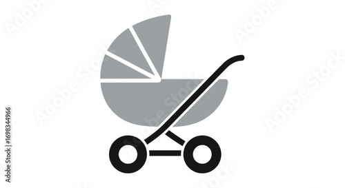 Simple Gray and Black Baby Stroller Icon on White Background.