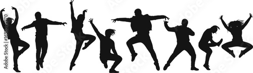 Group of people dancing silhouettes, joyful movement and celebration, energetic jumping poses, expressive dance art, black vector illustration.