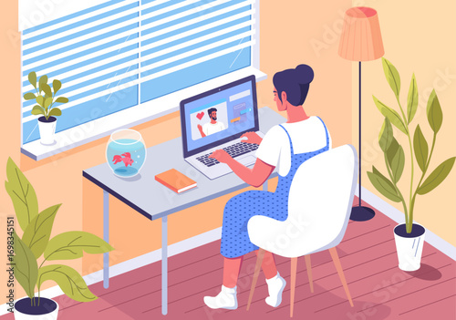 Young woman using laptop for communication. Isometric cartoon illustration.