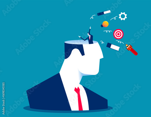 Unlearn. Businessman throw away books and knowledge from his brain open head