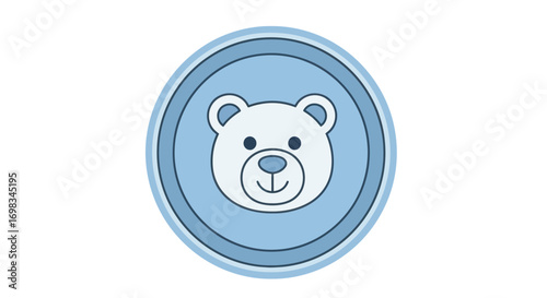 Cute Cartoon Bear Face in Blue Circle.
