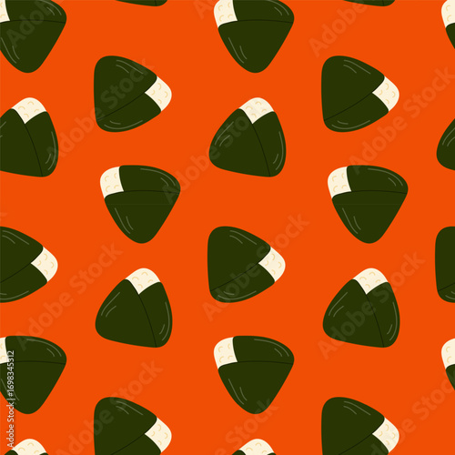Colorful pattern of onigiri rice balls displayed on an orange background creating a fun and playful design