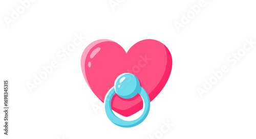 A cute pink heart-shaped baby pacifier with a light blue ring handle.
