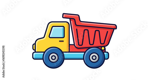 Colorful Cartoon Dump Truck with Red Bed and Yellow Cab.
