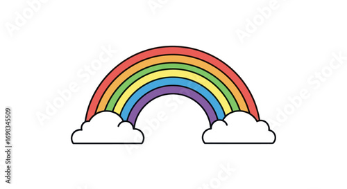 Vibrant rainbow arch with fluffy white clouds on a white background.