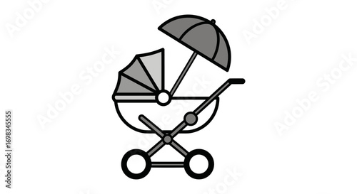 Simple Gray Stroller with Attached Umbrella for Baby.