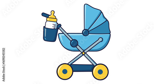 A blue cartoon baby stroller with yellow wheels and a feeding bottle.