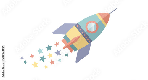 Colorful cartoon rocket ship blasting off with a trail of stars.