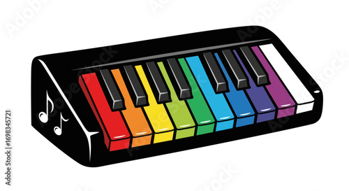 Colorful Rainbow Keyboard Musical Instrument with Musical Notes.