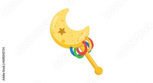 Yellow Crescent Moon Baby Rattle with Colorful Rings.
