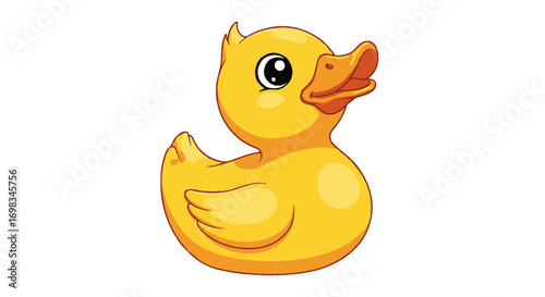 Bright yellow rubber duck toy with orange beak and black eyes.