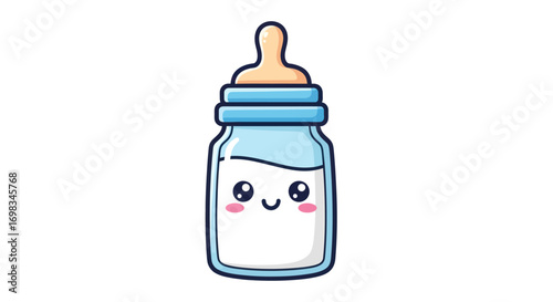 Cute cartoon baby bottle with milk and a happy face.