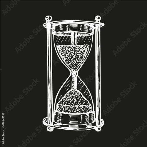Hourglass, sandglass - sketch illustration. The concept of the passage of time. Vintage sand clock - an outline drawing in engraving style, hand-drawn line art clipart, isolated
