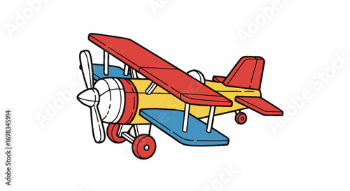 Colorful Wooden Biplane Toy with Propeller and Wheels.