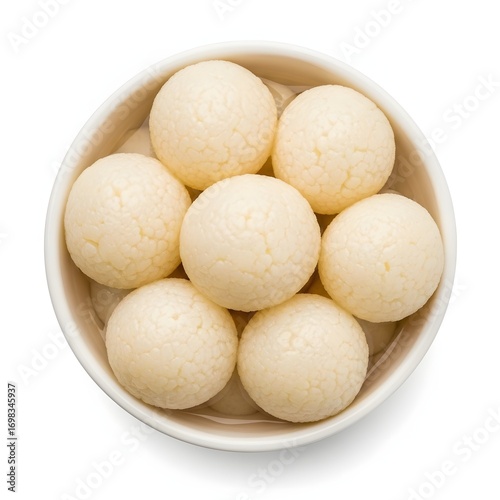 A bowl of delicious rasgulla, a popular indian sweet, isolated on a white background