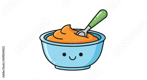 Cartoon Bowl of Orange Puree with Spoon and Smiling Face.