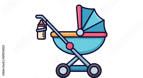 Colorful Blue Baby Stroller with Bottle Icon.