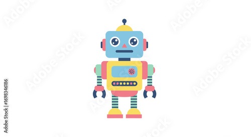 Colorful Cartoon Toy Robot with Big Blue Eyes and an Antenna.