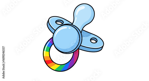 Blue baby pacifier with rainbow ring.