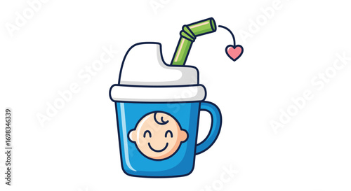Cartoon Baby Sippy Cup with Straw and Heart Decoration.