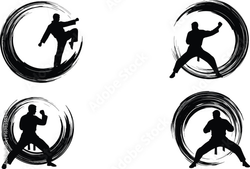 Martial arts fighter silhouettes in brush circle style performing karate and kung fu poses, vector illustration for combat sports design.