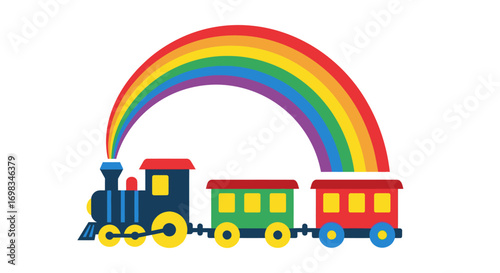 Colorful Cartoon Train with Rainbow Arching Overhead and Two Carriages.