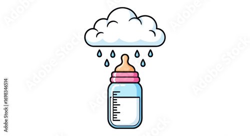Baby Bottle with Cloud Rain Illustration.