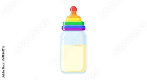 Rainbow-themed baby bottle filled with milk symbolizing nourishment and diversity.