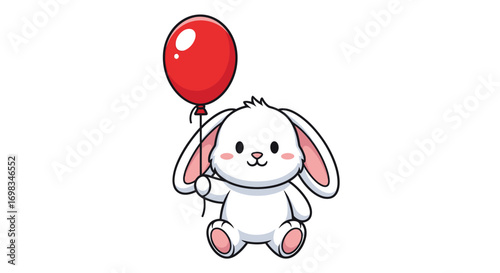 Adorable White Bunny Rabbit Holding a Red Balloon.