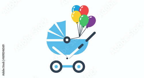 Blue Baby Stroller with Colorful Balloons Illustration.