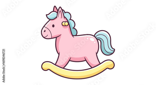Adorable Pink Cartoon Rocking Horse with Blue Mane and Tail.