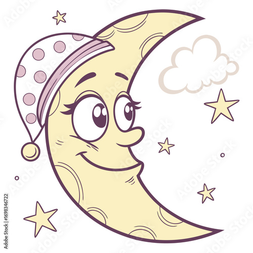 A happy cartoon crescent moon wearing a polka dot sleeping cap and surrounded by stars and a cloud perfect for children s bedtime stories and nursery decor