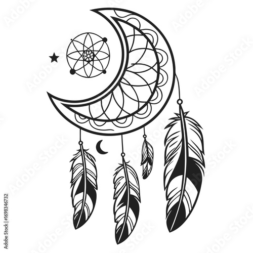 Bohemian dreamcatcher featuring a crescent moon intricate mandala dangling feathers and a celestial star symbolizing good dreams and spiritual protection